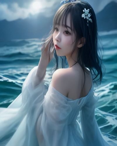 阳光沙滩上身着湖蓝色比基尼的美女侧身而立，海浪轻拍她的脚踝，画面色调明亮温暖、充满夏日氛围