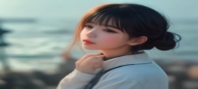 韩国清新风格美女身着粉色比基尼站在海边礁石上，海风吹起发丝，背景是蓝绿色海水与白色浪花